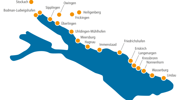 eine Grafik des Bodensees, die die Lage der Städte am Ufer markiert.